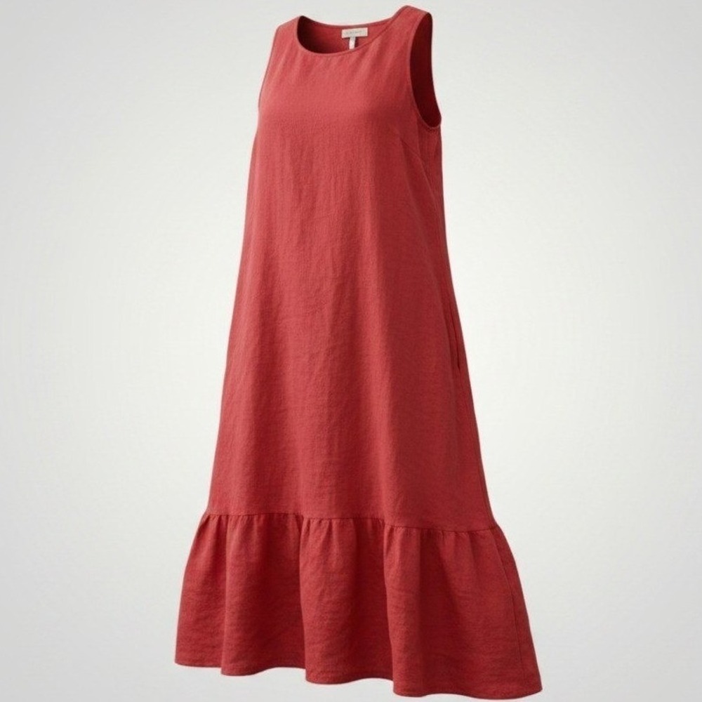 Terzo Millennio Linen Maxi Dress Women Medium Red Italy Ruffle Hem Lagenlook